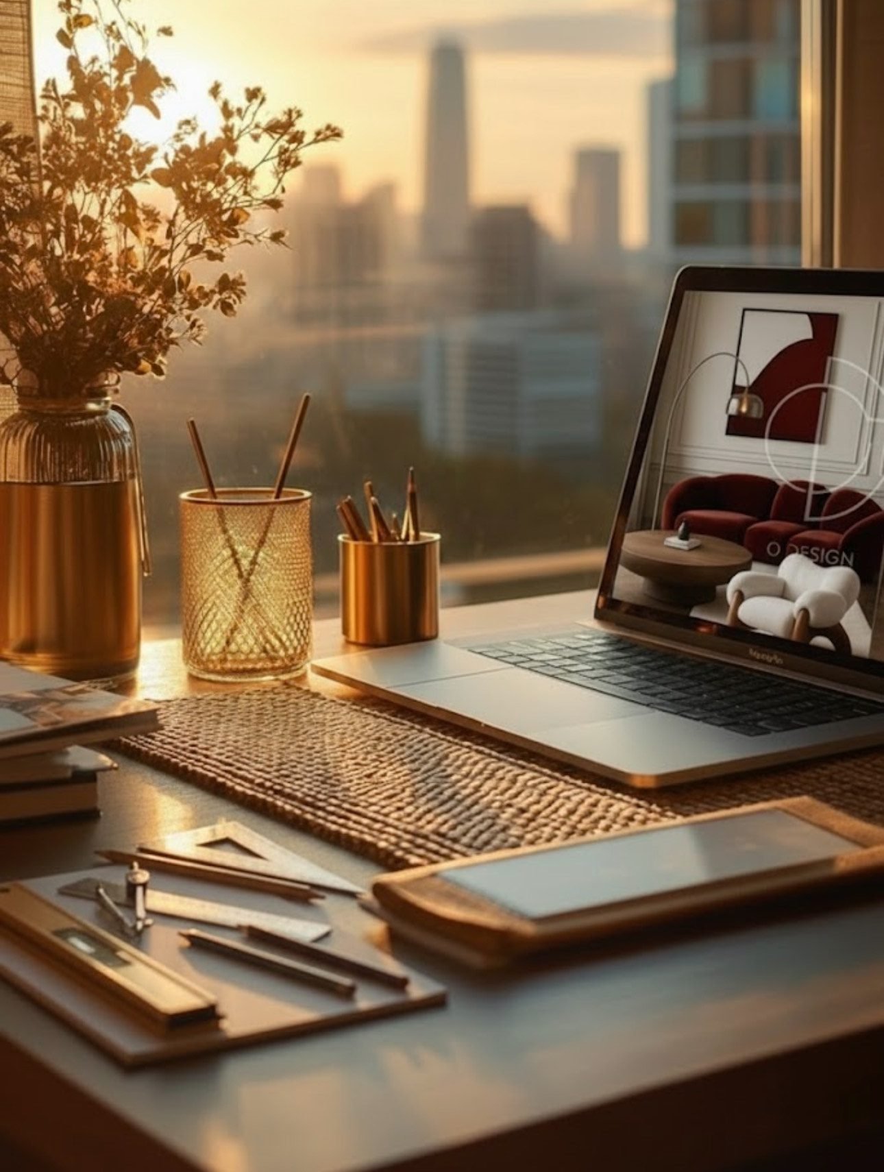 Interior design workspace with laptop, styling tools, and city view at sunset
