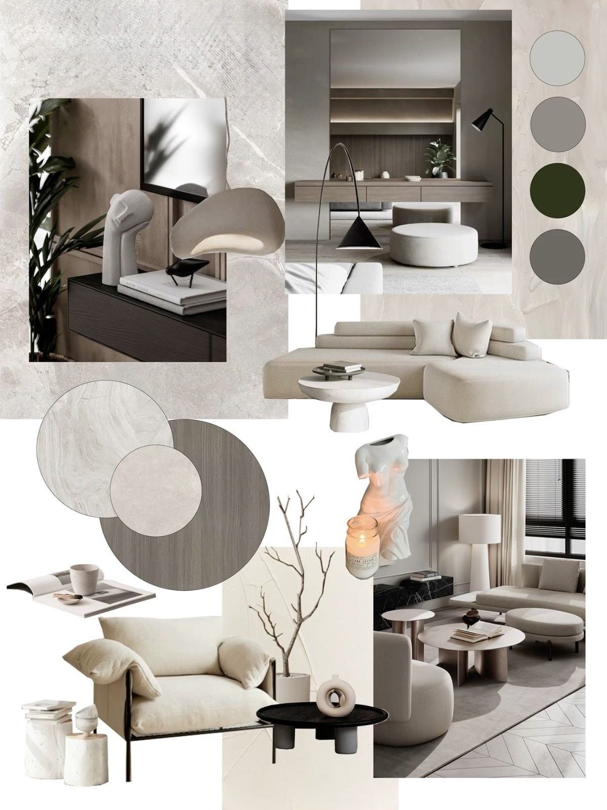Minimalist interior design mood board by ODesign showcasing neutral tones, modern furniture, textures, and material inspiration