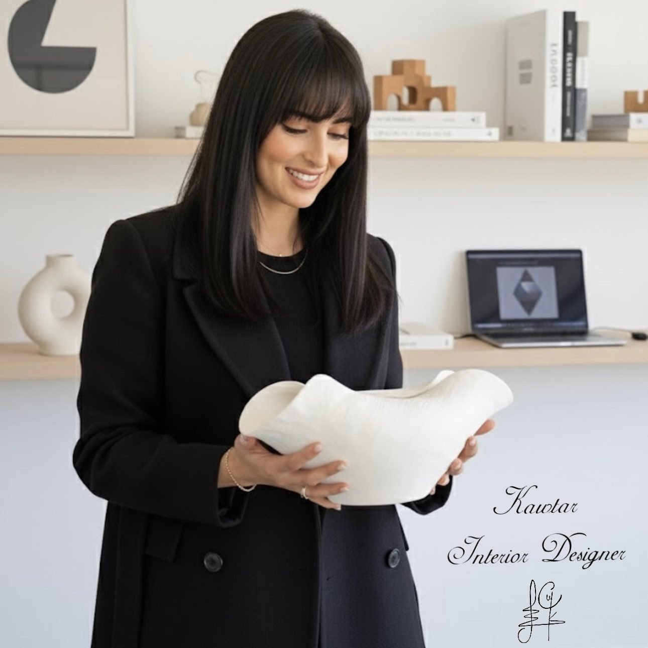 Interior designer reviewing sculptural decor in a modern studio space